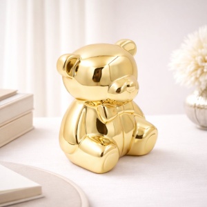 Decorative piggy bank, teddy bear, chrome gold, 14x13x17 cm