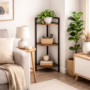 Etajeră de colț, cu 3 polițe, 76 cm – Design modern din metal și lemn pentru decor rafinat