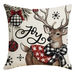 Față de pernă decorativă, de Crăciun, BOHO, 45 × 45 cm, cu ren, globuri și mesaj Joy, crem, roșu și negru, POD244