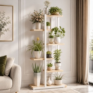 Flower and plant stand, modern 6-tier shelving unit, 113x60x20 cm, metal and wood plant stand, white and brown, for balcony, terrace, living room, or garden