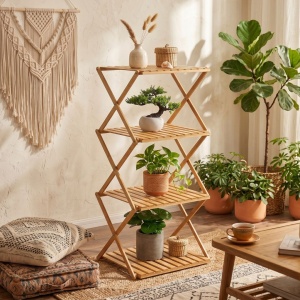 Folding bamboo shelving unit with 4 shelves, 40 x 33.5 x 93.5 cm