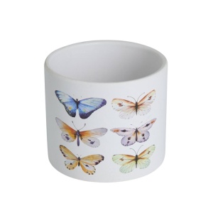 Ghiveci decorativ ceramic, alb cu ilustrații cu fluturi, pentru plante și flori, design modern 13.5x12.5 cm