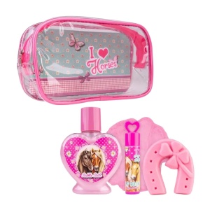 Set cadou de baie pentru copii, I Love Horses, spumant, săpun, balsam de buze și burete de baie