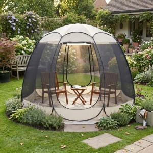 Insect-proof tent-style garden gazebo, 3.6 x 3.6 m, with transparent mesh walls, 2.35 m height, beige/grey