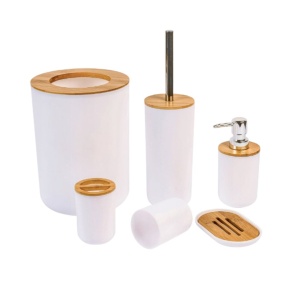 Set accesorii de baie Jumi, 6 piese alb cu accente din bambus, design modern