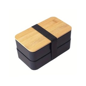 Lunch box dublu, 1.3 l, cu capac din bambus și tacâmuri incluse, 2 nivele, negru, 8.5 x 10.5 x 9.3 cm, eCarla, PJM43