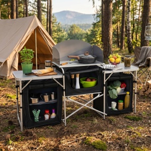 Masă pliabilă de camping - bucătărie portabilă, dulapuri textile și paravan vânt – set complet cu geantă de transport