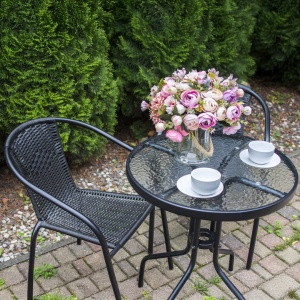 Masă rotundă Jumi, cu blat din sticlă, pentru curte, gradină, terasă sau balcon, diametru 60 cm