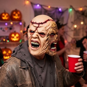 Mască pentru Halloween Amscan cu două fețe, accesoriu costum horror, din latex, One Size, 14+