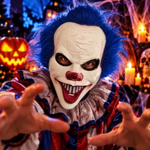 Mască pentru Halloween clovn înfricoșător cu păr albastru, pentru costum și petreceri tematice