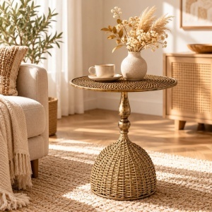 Măsuță laterală rotundă cu blat metalic și bază împletită, stil boho-rustic, Ø40 x 51 cm, STL29, eCarla