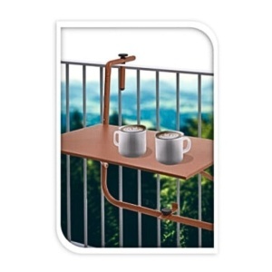 Măsuță pliabilă de balcon cu sistem de prindere pe balustradă, oțel vopsit, înălțime reglabilă 50–70 cm, blat 60×40 cm