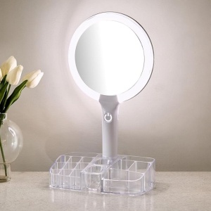 Oglindă de machiaj cu LED și organizator pentru accesorii, iluminare reglabilă, alimentare USB