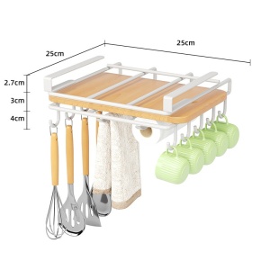 Organizator de bucătărie, suspendat, din metal, cu raft și cârlige pentru ustensile și căni, Ecarla, culoarea alb, 25×25 ×9,7 cm, OR116B