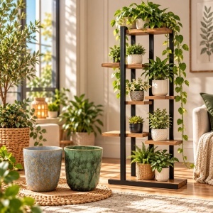 Pachet etajeră neagră pentru flori și plante cu 6 rafturi, 113×60×20 cm + 2 măști de ghiveci bleu & verde, 15×12 cm