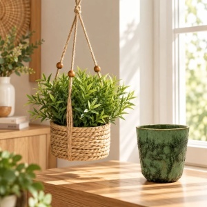 Pachet plantă artificială Tarhon 11 cm în ghiveci suspendat tip coș împletit + mască de ghiveci verde Mica, 15×12 cm