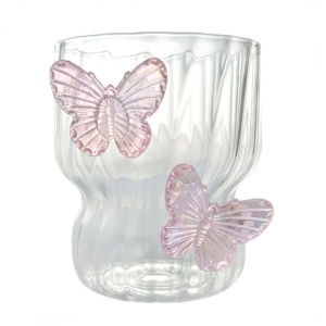 Pahar din sticlă borosilicată, cu pereți ondulați și fluturași roz, 260 ml, eCarla, SZK161