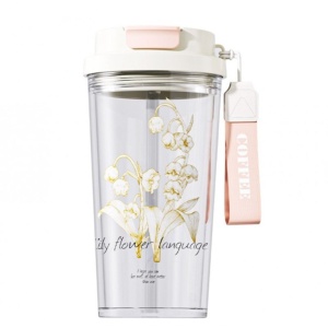 Pahar reutilizabil cu capac, pai și baretă de transport, imprimeu floral, 550 ml, PC + PP, eCarla, BD29