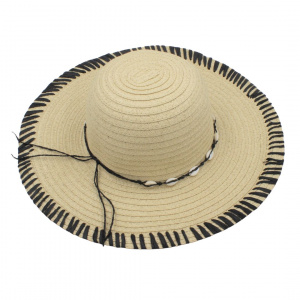 Pălărie de plajă damă Tiara, bej cu detalii negre și șnur decorativ, boruri largi, stil boho, ușoară și respirabilă, protecție solară, diametru 39 cm