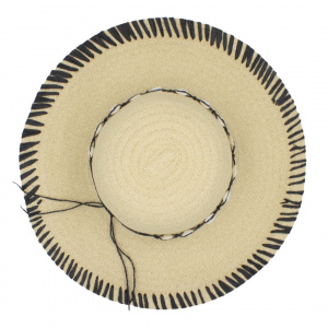 Pălărie de plajă damă Tiara, bej cu detalii negre și șnur decorativ, boruri largi, stil boho, ușoară și respirabilă, protecție solară, diametru 39 cm