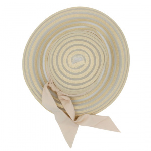 Pălărie de plajă damă Tiara, bej cu dungi transparente, fundă elegantă, boruri largi, ușoară și respirabilă, protecție solară, diametru 36 cm