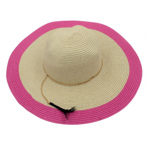 Pălărie de plajă damă Tiara, bej cu margine roz, boruri foarte largi, design bicolor, ușoară și respirabilă, protecție solară, diametru 44 cm
