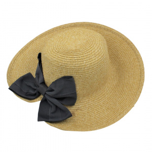Pălărie de plajă damă Tiara, crem cu fundă neagră, boruri largi, elegantă, ușoară și respirabilă, protecție solară, diametru 37 cm