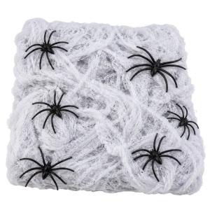 Pânză de păianjen artificială pentru Halloween, Albă, 80 g, cu 6 păianjeni negri, decorațiune horror pentru interior