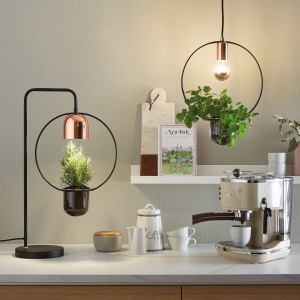 Pendul Neordic Tasja cu fir textil, pentru plante, max 1x20W bec E27, culoare negru/cupru 230V metal și sticlă