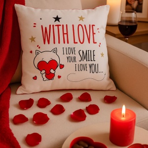 Pernă decorativă Nekupto - "With Love / I Love Your Smile", 30x30 cm, bumbac
