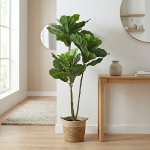 Plantă artificială Ficus Lyrata 128 cm, bogată în frunze, aspect realist, pentru interior, ghiveci negru inclus