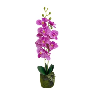 Plantă artificială Orhidee 40 cm, cu flori mov și frunze verzi, pentru interior