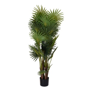 Plantă artificială Palmier 120 cm, bogată în frunze verzi cu detalii realiste și tulpini cu inserții de material natural, ghiveci negru inclus