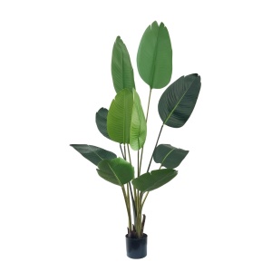 Plantă artificială Strelitzia 160 cm - Pasărea Paradisului - cu 10 frunze verzi cu detalii realiste, pentru interior, în ghiveci negru