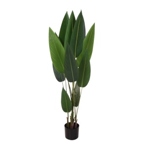 Plantă artificială Strelizia 110 cm, cu frunze verzi, lungi și ascuțite, cu detalii realiste, pentru interior, ghiveci negru inclus