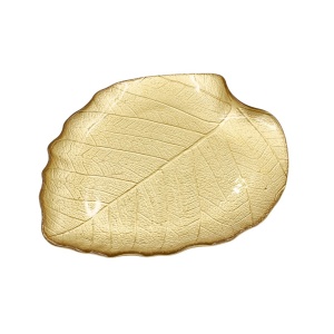 Platou din Sticlă cu Design Frunză – Ø28 cm | Decor Auriu Elegant