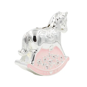 Pușculiță Decorativă Căluț Balansoar AZAY, 11x11 cm, Argintiu cu Roz, Cutie Cadou + Hârtie Tissue Incluse – Cadou Premium Fetițe & Botez
