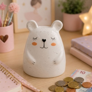 Pușculiță din ceramică model ursuleț alb