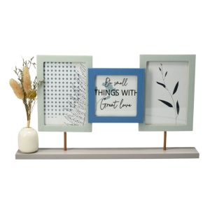Ramă foto decorativă, cu vază, colaj pentru 3 poze, culoare albastru