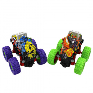 Set 2 Mașinuțe Monster Truck, Crazy Fiction, Design Dino, Multicolor, Roti Oversized, Mecanism Pull-Back, 9x9 cm