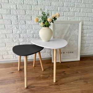 Set 2 măsuțe cafea, MDF, picioare de pin, alb-negru, 54x45 cm, 40x40 cm