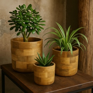 Set 3 măști de ghiveci din lemn de mango, H&S Collection – Dimensiuni 25,5x23 cm, 20x19,5 cm, 14.5x15 cm