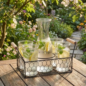 Set 4 pahare din sticlă, cu carafă și suport metalic, 6 piese, Excellent Houseware