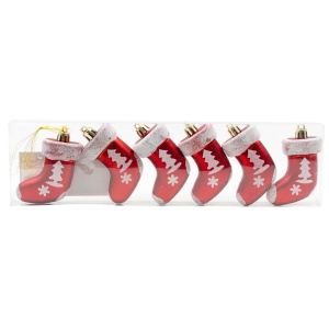 Set 6 decorațiuni, model cizmulițe roșii cu brăduți, 4 cm, Xmas Magic