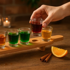 Set 6 Pahare Shot cu Tavă din Lemn – 7 Piese, Atmosfera, 40 ml