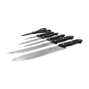 Set cuțite Excellent Houseware, 5 cuțite, foarfecă și suport din lemn