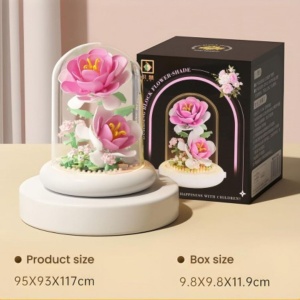 Set de construcție, flori de trandafiri roz, cu cupolă și iluminare LED, 158 piese, 12+, KL01, eCarla