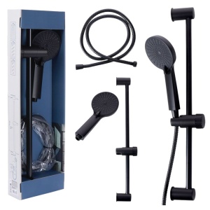 Set de duș complet, negru mat, cu pară de duș 3 funcții Ø11 cm, furtun inox 150 cm și bară reglabilă 60 cm