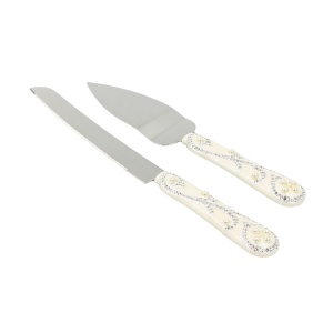 Set tăiere tort AZAY cuțit 32 cm și spatulă 26 cm, design elegant cu perle și strasuri, set servire tort premium, cadou nuntă/botez