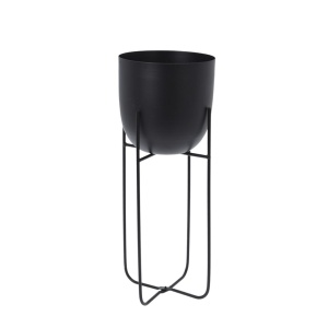 Set două ghivece decorative pentru plante și flori, din metal negru, cu picioare înalte și subțiri